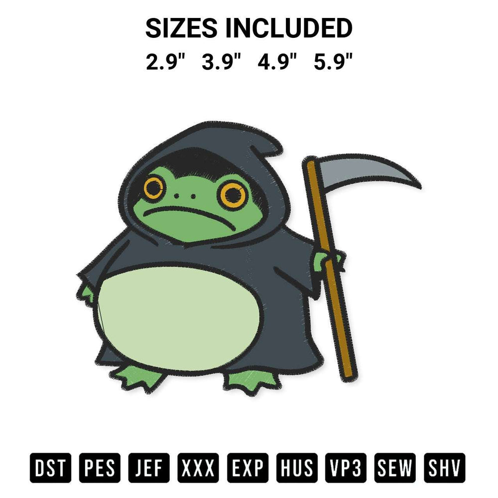 Create amazing crafts with the Frog Reaper Embroidery Design embroidery file. High-quality digital download from Designspacks.com, perfect for beginners and pros. Available sizes: 2.9", 3.9", 4.9", 5.9".