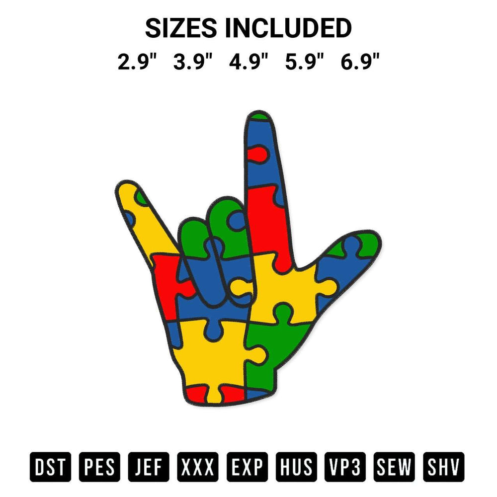 Download the I Love You Hand Sign Puzzle Piece Embroidery Design machine embroidery design exclusively at Designspacks.com. Premium digitized pattern for apparel and DIY crafts. Available sizes: 2.9", 3.9", 4.9", 5.9", 6.9".