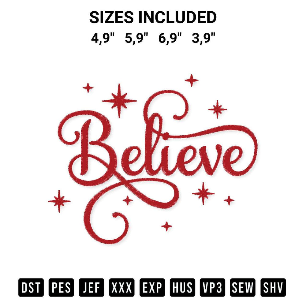 Shop the Believe Logo Embroidery Design machine embroidery pattern at Designspacks.com. Beautifully digitized for flawless stitching on any fabric. Available sizes: 4,9", 5,9", 6,9", 3,9".