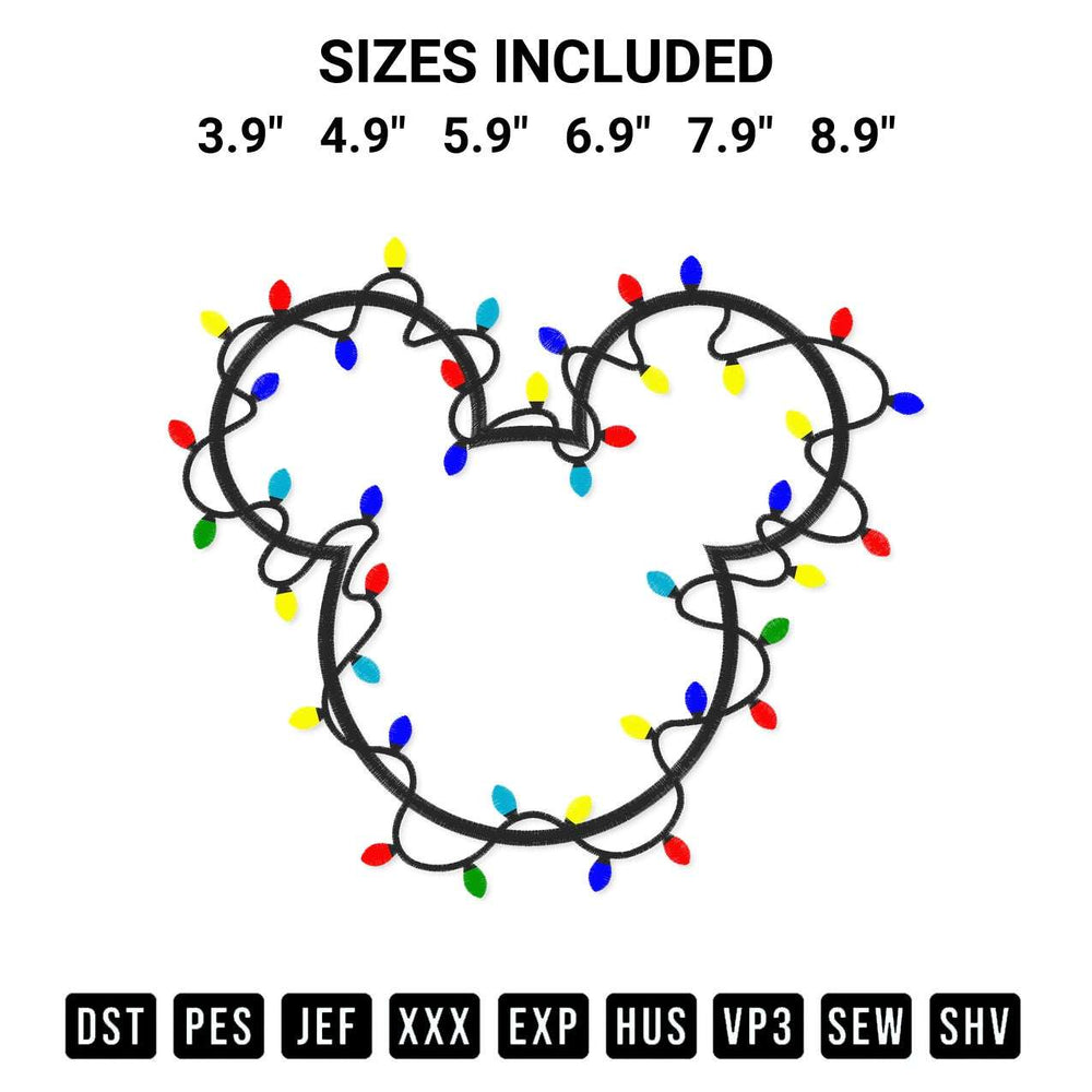 Add a unique touch to your apparel with the Christmas Lights Mickey Head Embroidery Design embroidery file. Premium instant download available now on Designspacks.com. Available sizes: 3.9", 4.9", 5.9", 6.9", 7.9", 8.9".