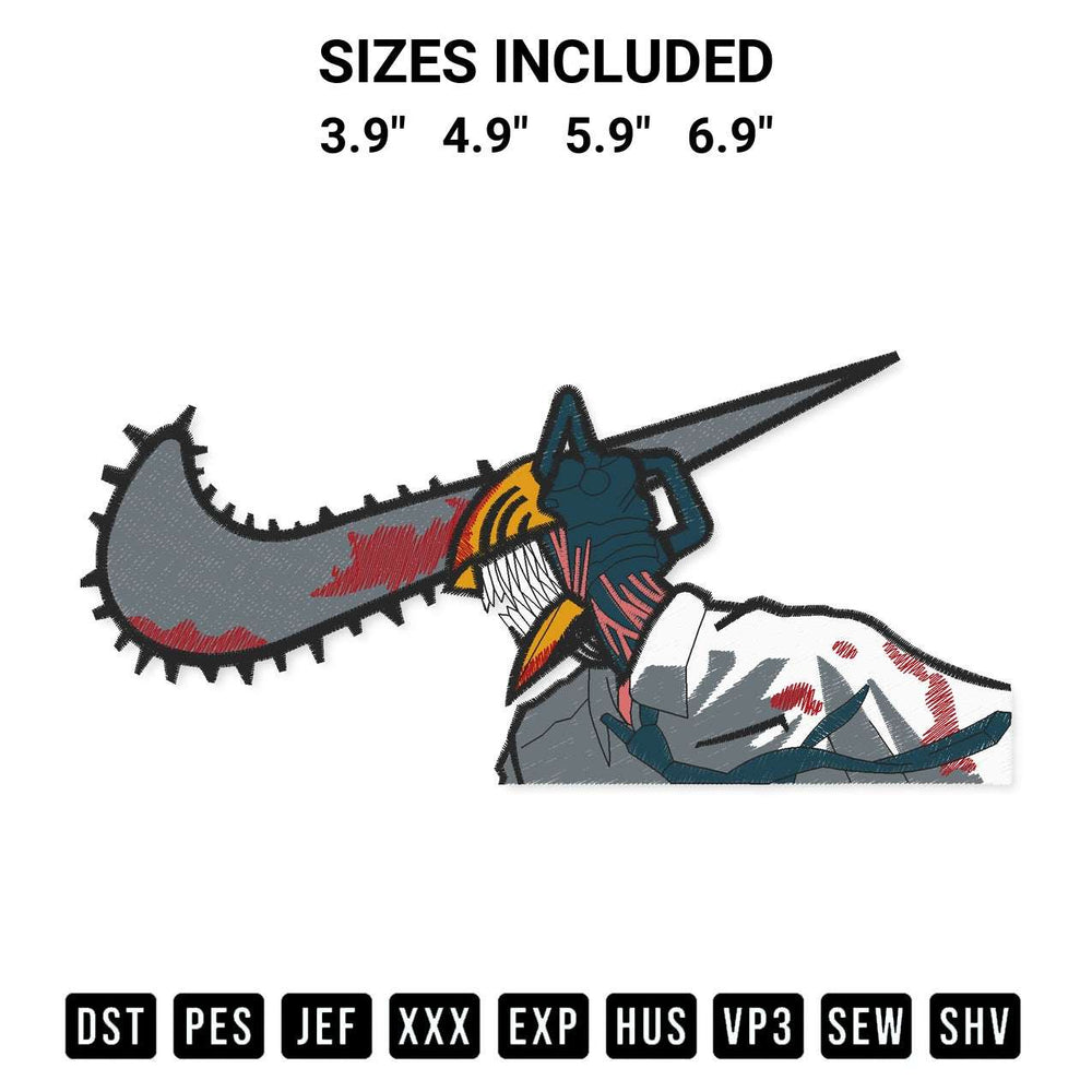 Discover the perfect addition to your crafting collection: Nike Chainsaw Man Embroidery Design embroidery file. Instantly available at Designspacks.com. Available sizes: 3.9", 4.9", 5.9", 6.9".