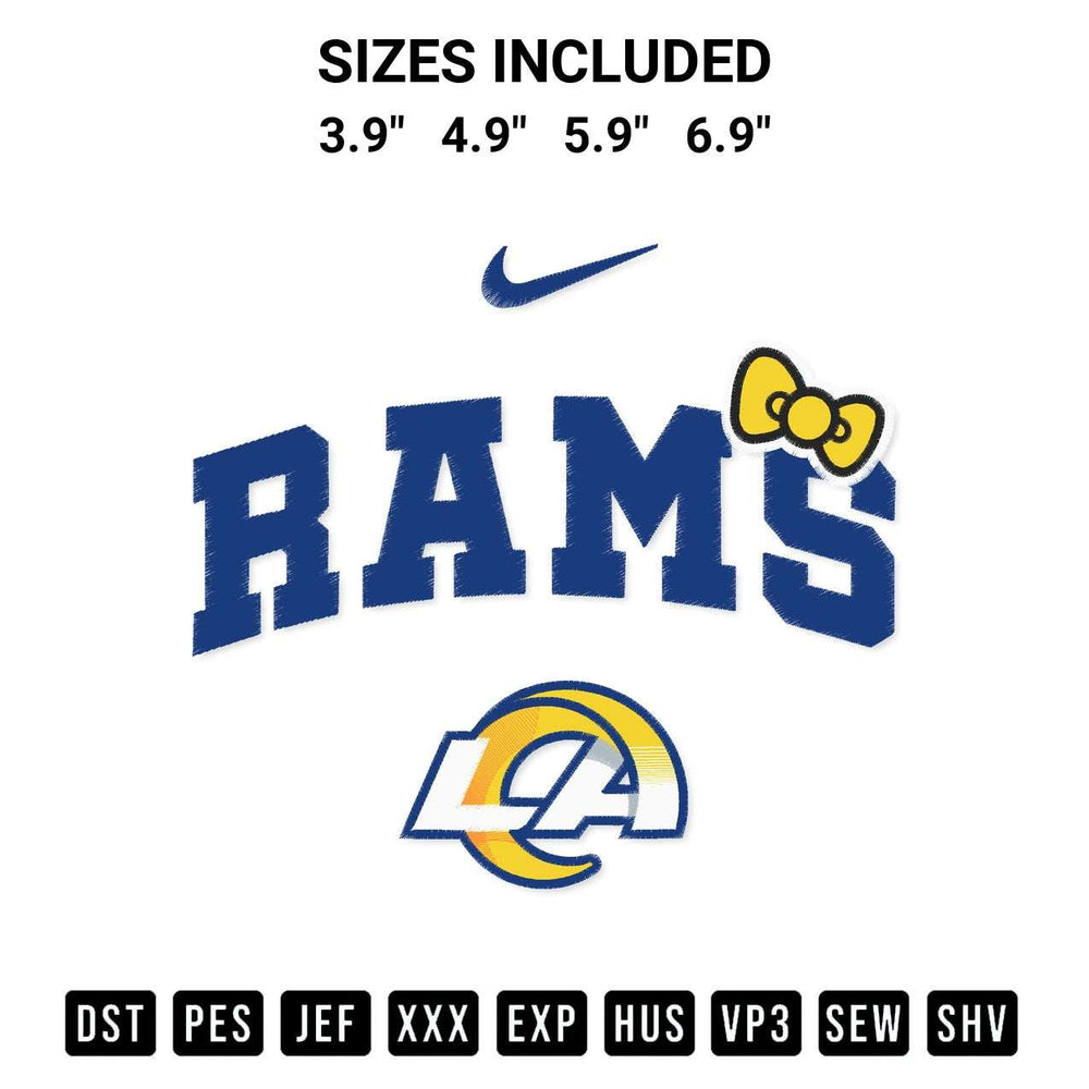 Add a unique touch to your apparel with the Los Angeles Rams Yellow Bow Swoosh Embroidery Design embroidery file. Premium instant download available now on Designspacks.com. Available sizes: 3.9", 4.9", 5.9", 6.9".