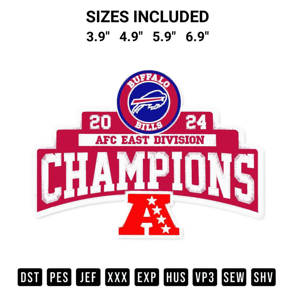 Get the 2024 Afc East Division Champions Buffalo Bills Embroidery Design embroidery design for your custom crafts! Premium digitized files available for instant download at Designspacks.com. Available sizes: 3.9", 4.9", 5.9", 6.9".