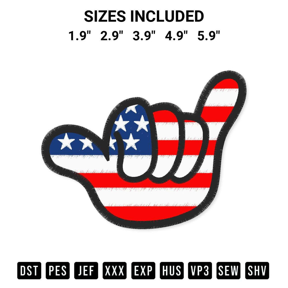Elevate your next project with our American Flag Hang Loose Hand Embroidery Design embroidery file. Shop high-quality digital patterns instantly at Designspacks.com. Available sizes: 1.9", 2.9", 3.9", 4.9", 5.9".