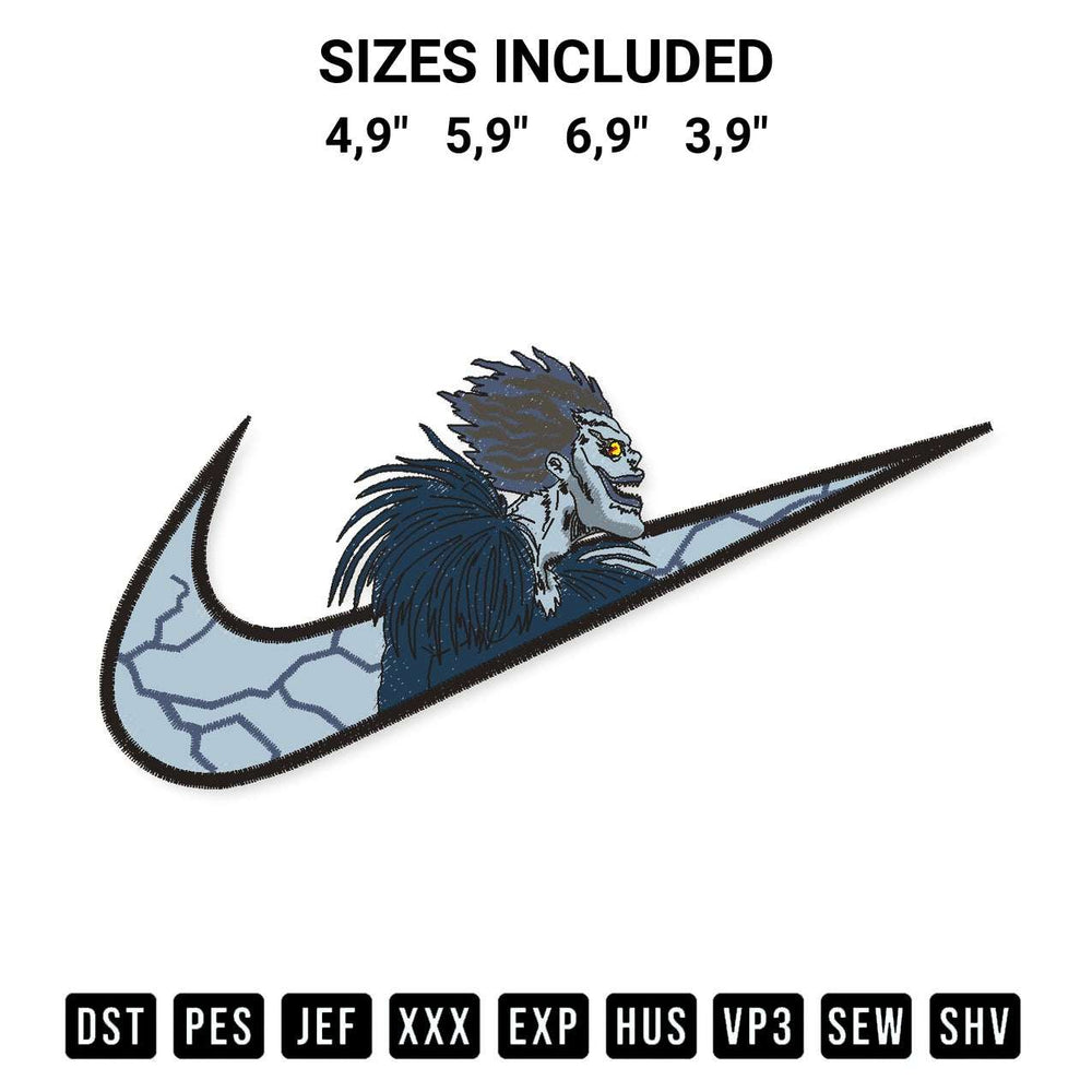 Download the Nike Ryuk Death Note Logo Embroidery Design machine embroidery design exclusively at Designspacks.com. Premium digitized pattern for apparel and DIY crafts. Available sizes: 4,9", 5,9", 6,9", 3,9".