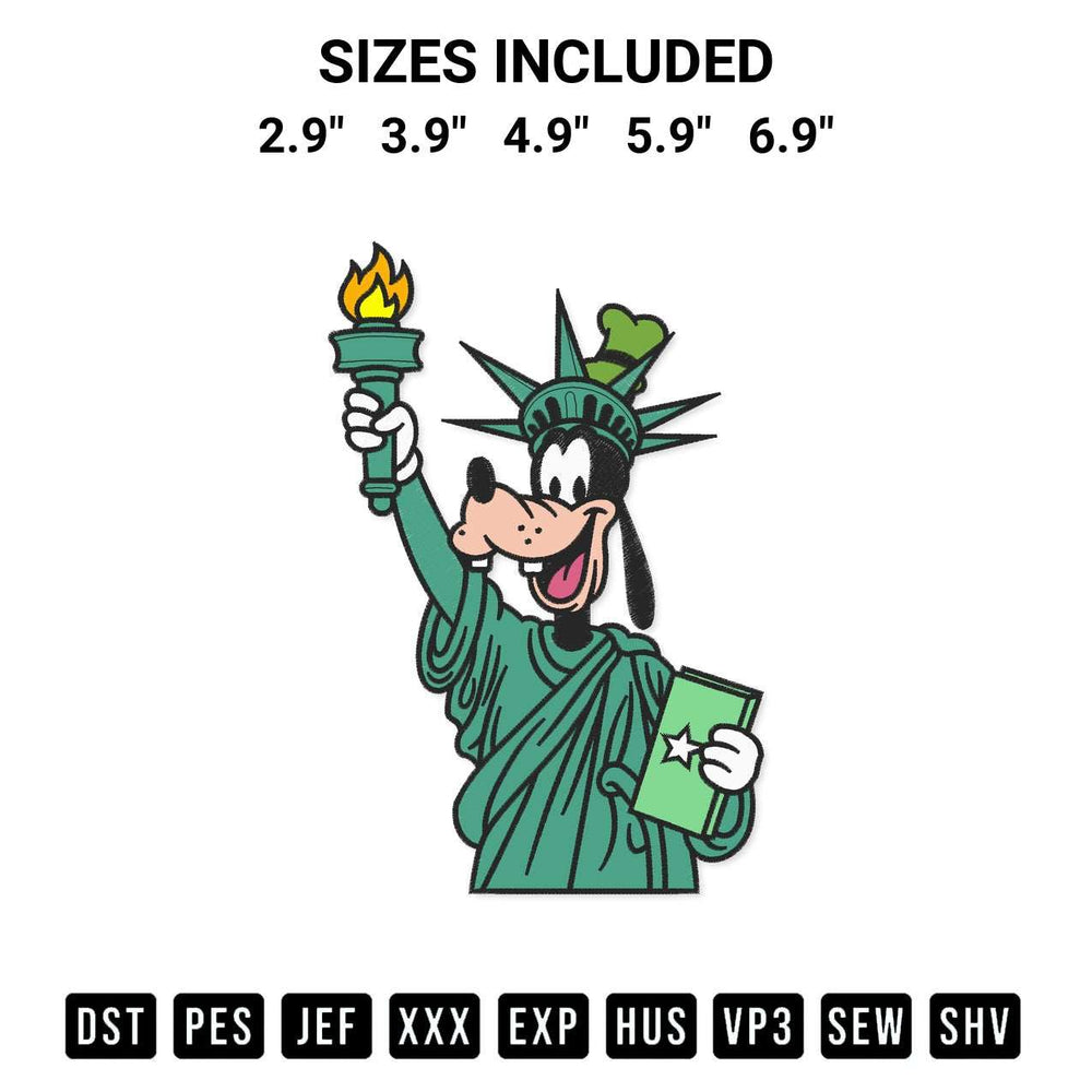 Shop the Goofy Statue Of Liberty Embroidery Design machine embroidery pattern at Designspacks.com. Beautifully digitized for flawless stitching on any fabric. Available sizes: 2.9", 3.9", 4.9", 5.9", 6.9".