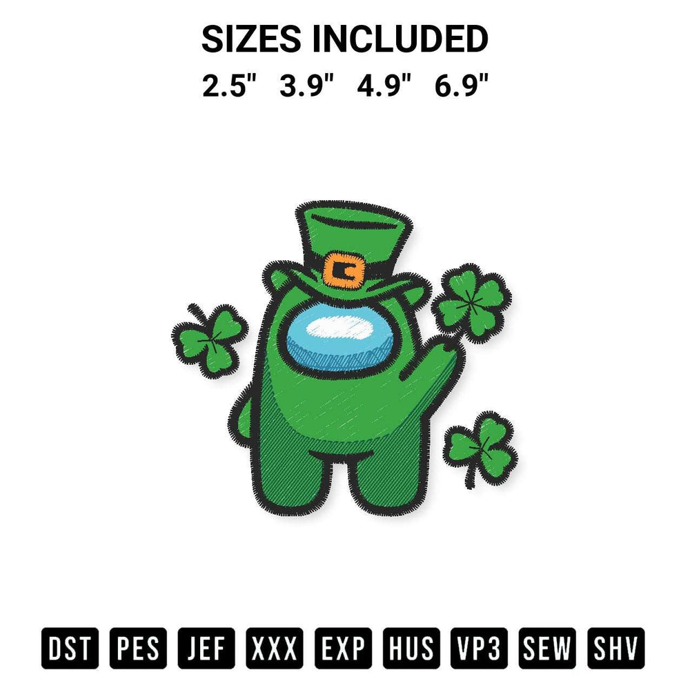 Elevate your next project with our Among Us St Patrricks Day Embroidery Design embroidery file. Shop high-quality digital patterns instantly at Designspacks.com. Available sizes: 2.5", 3.9", 4.9", 6.9".
