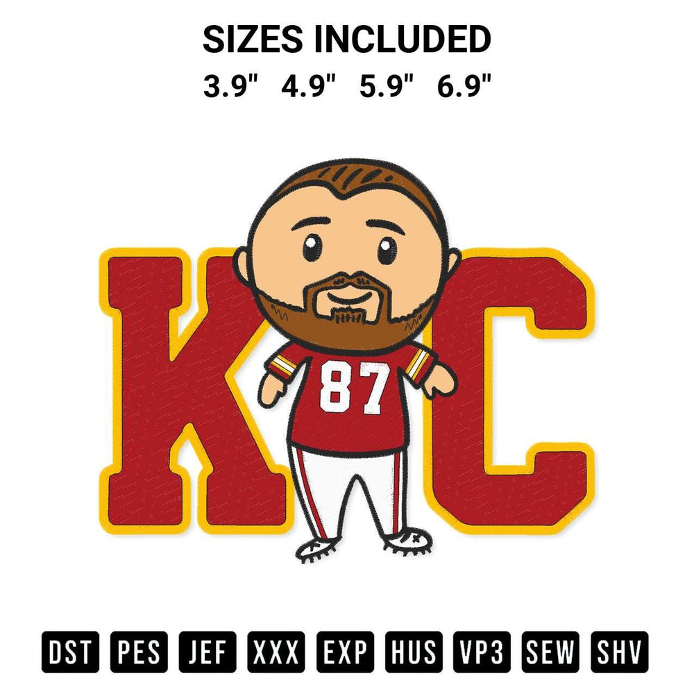 Stitch like a pro with the Travis Kelce Chibi Kansas City Kelce Chiefs Super Bowl 2023 Embroidery Design embroidery pattern from Designspacks.com. High-quality digital machine embroidery file. Available sizes: 3.9", 4.9", 5.9", 6.9".