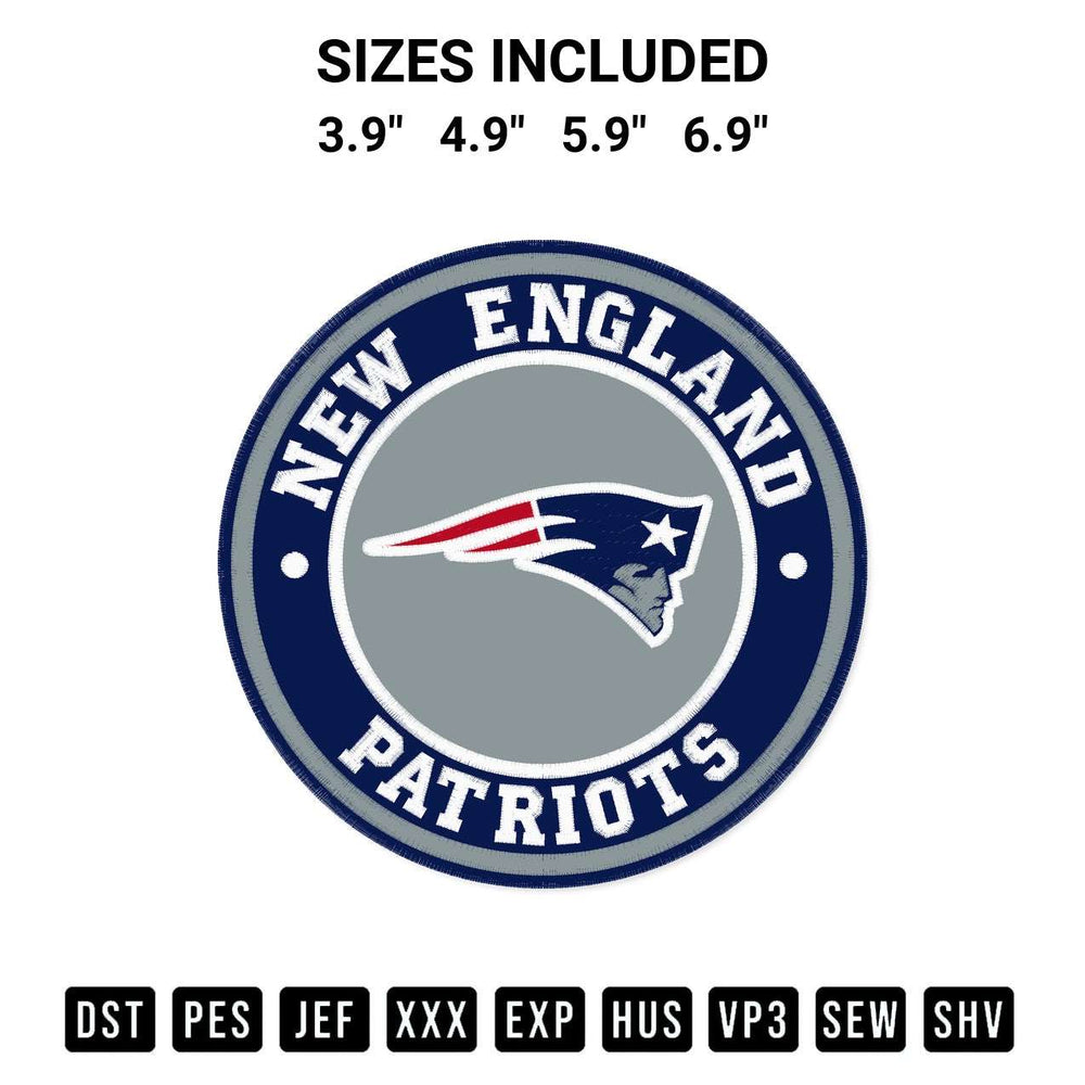 Shop the New England Patriots Circle Logo Embroidery Design machine embroidery pattern at Designspacks.com. Beautifully digitized for flawless stitching on any fabric. Available sizes: 3.9", 4.9", 5.9", 6.9".