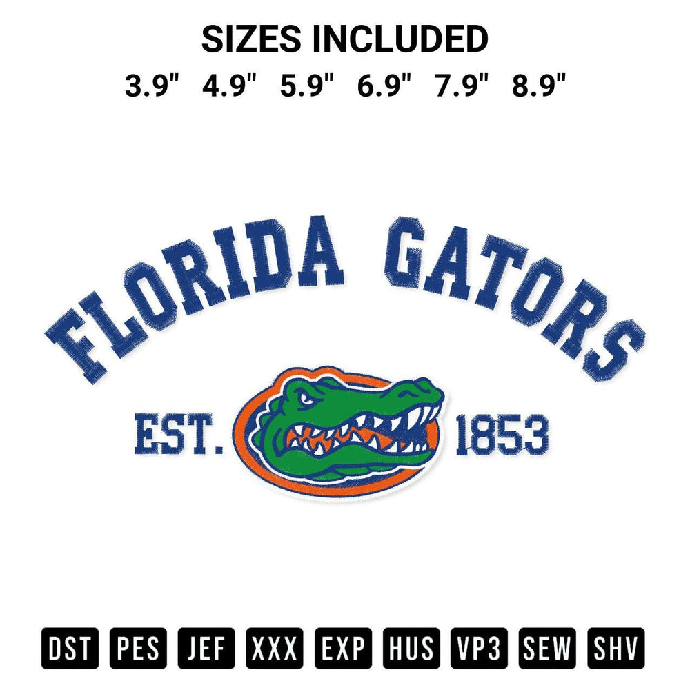 Get the Florida Gators Est 1853 Embroidery Design embroidery design for your custom crafts! Premium digitized files available for instant download at Designspacks.com. Available sizes: 3.9", 4.9", 5.9", 6.9", 7.9", 8.9".