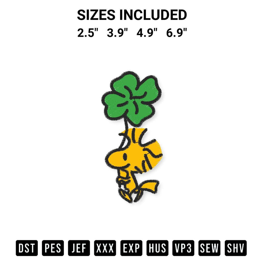 Add a unique touch to your apparel with the Woodstock Peanuts Shamrock Embroidery Design embroidery file. Premium instant download available now on Designspacks.com. Available sizes: 2.5", 3.9", 4.9", 6.9".