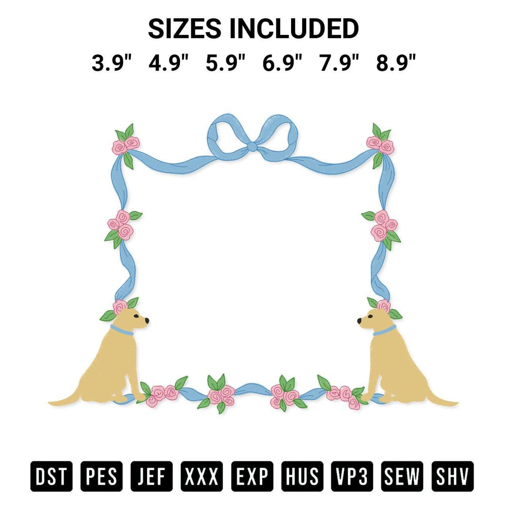 Create amazing crafts with the Labrador Dog Bow And Flowers Frame Embroidery Design embroidery file. High-quality digital download from Designspacks.com, perfect for beginners and pros. Available sizes: 3.9", 4.9", 5.9", 6.9", 7.9", 8.9".