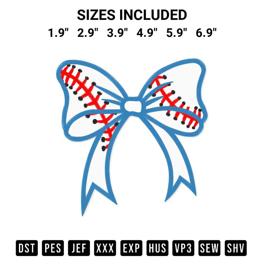 Shop the Baseball Bow Embroidery Design machine embroidery pattern at Designspacks.com. Beautifully digitized for flawless stitching on any fabric. Available sizes: 1.9", 2.9", 3.9", 4.9", 5.9", 6.9".