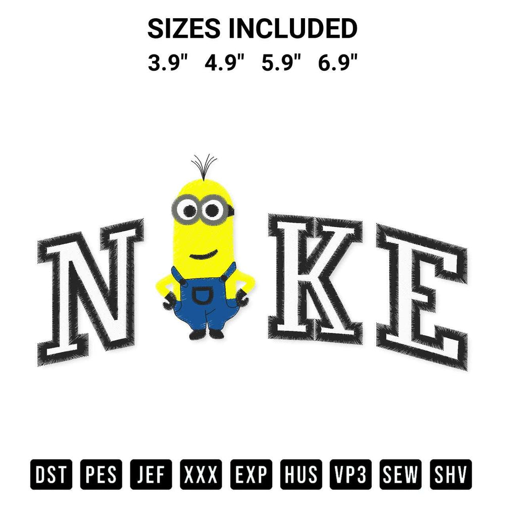 Shop the Nike Minion Kevin Embroidery Design machine embroidery pattern at Designspacks.com. Beautifully digitized for flawless stitching on any fabric. Available sizes: 3.9", 4.9", 5.9", 6.9".