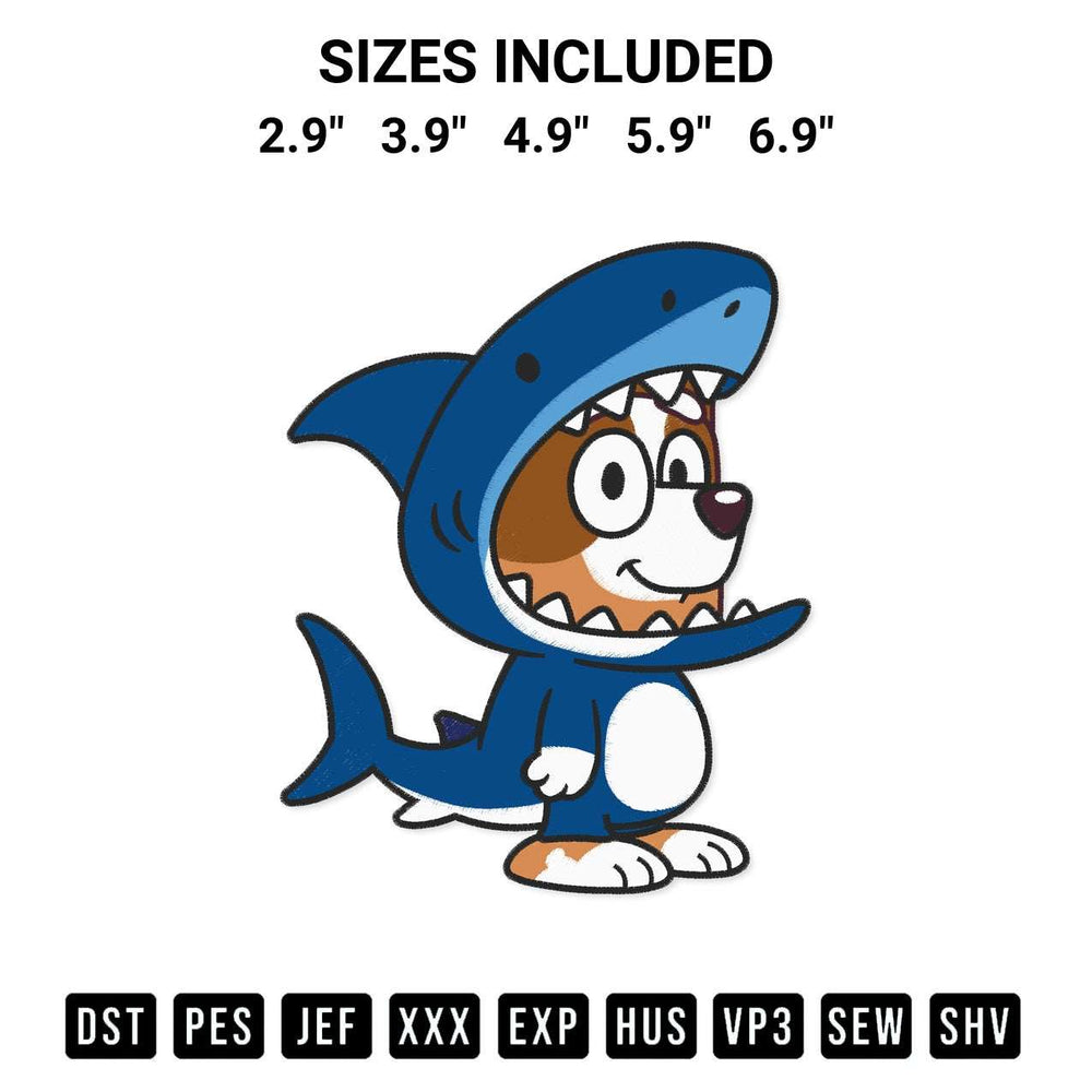 Stitch like a pro with the Bingo Shark Costume Embroidery Design embroidery pattern from Designspacks.com. High-quality digital machine embroidery file. Available sizes: 2.9", 3.9", 4.9", 5.9", 6.9".
