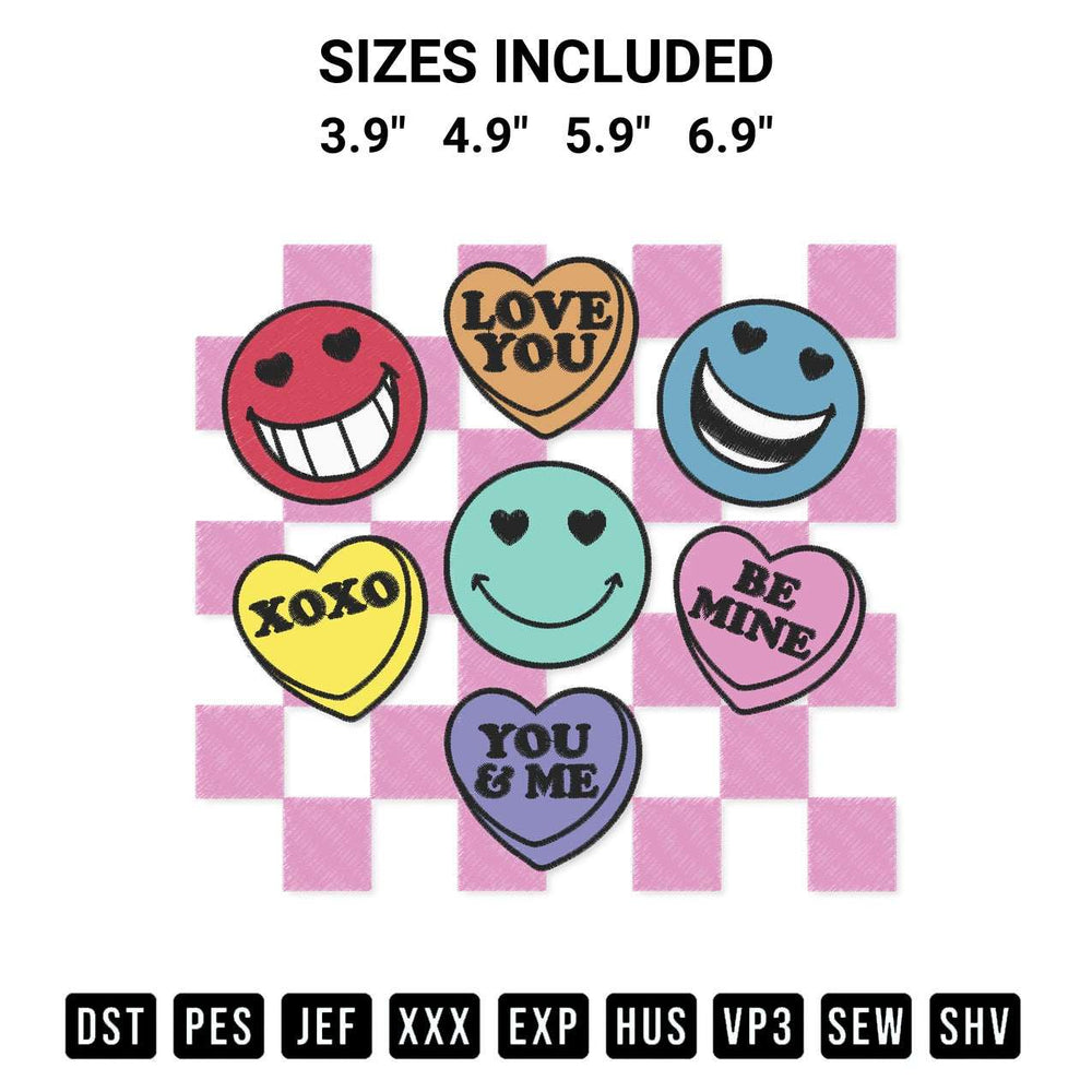 Looking for the perfect pattern? Download the Vintage Valentines Day Retro Groovy Conversation Smiley Candy Hearts Embroidery Design embroidery design today at Designspacks.com. Crisp, clean stitching guaranteed. Available sizes: 3.9", 4.9", 5.9", 6.9".