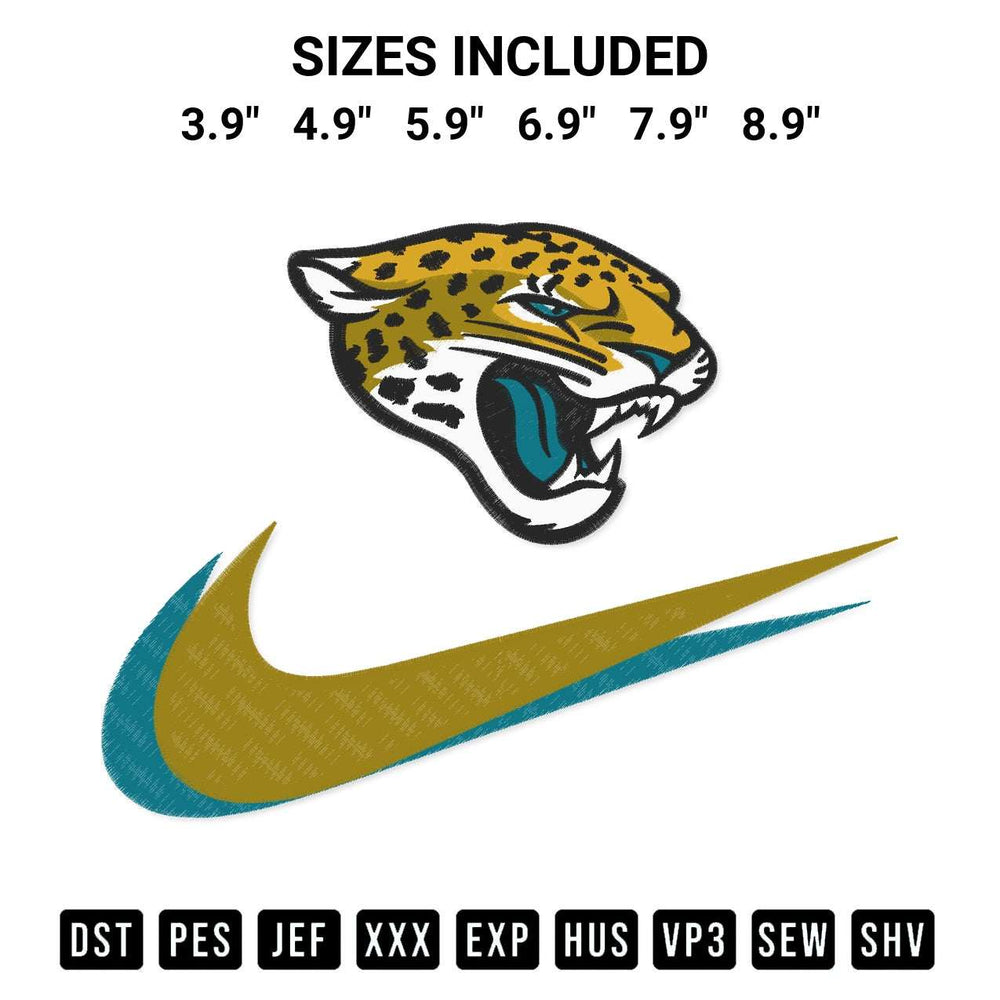 Stitch like a pro with the Nike Swoosh Jacksonville Jaguars Embroidery Design embroidery pattern from Designspacks.com. High-quality digital machine embroidery file. Available sizes: 3.9", 4.9", 5.9", 6.9", 7.9", 8.9".
