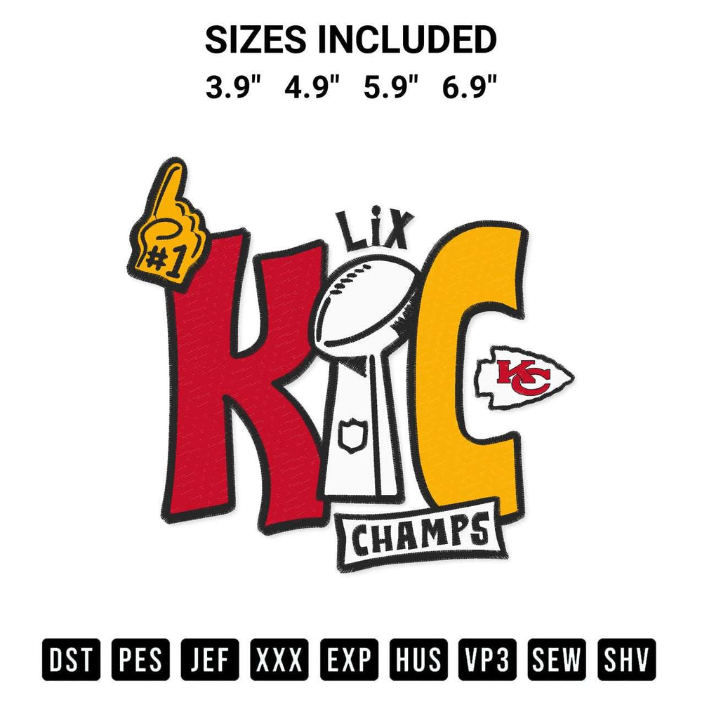 Transform your fabrics with the Kansas City Chiefs Super Bowl Lix Champs Embroidery Design embroidery design. Instant access to premium digitized patterns at Designspacks.com. Available sizes: 3.9", 4.9", 5.9", 6.9".
