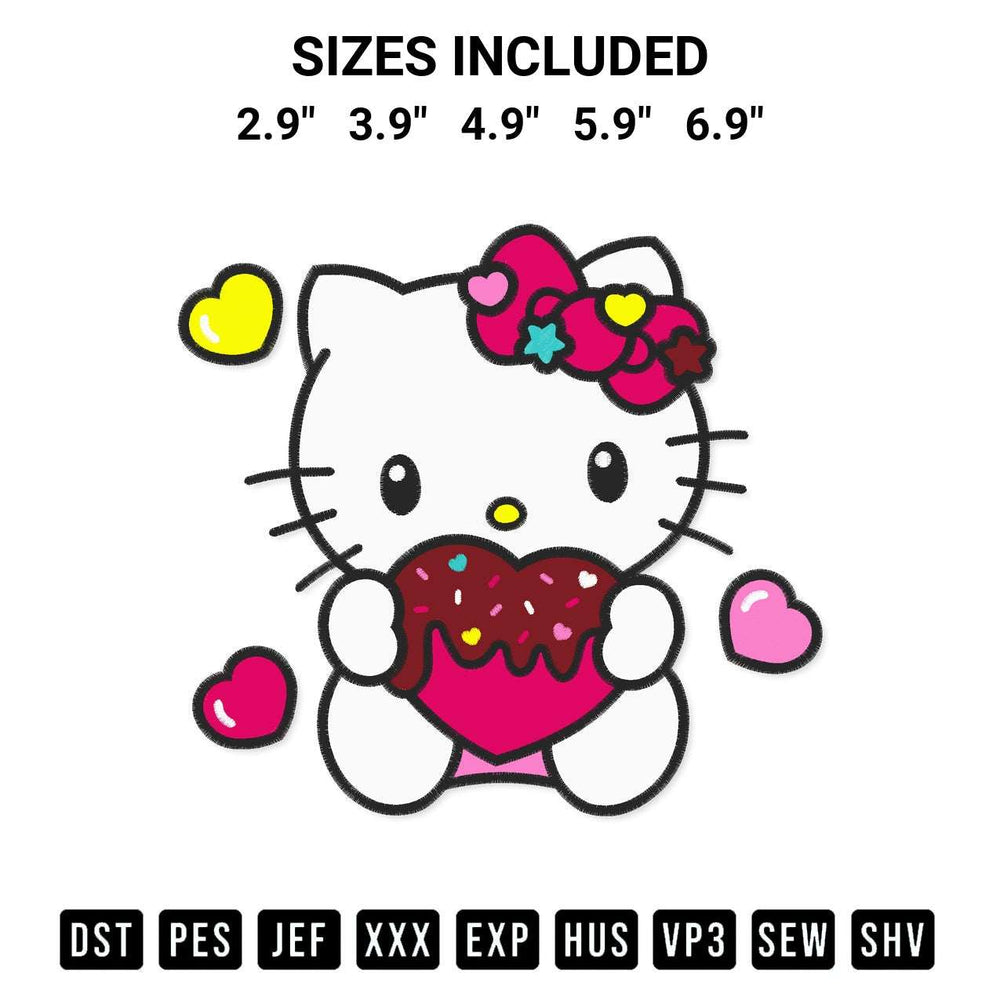 Add a unique touch to your apparel with the Hello Kitty Chocolate Heart Embroidery Design embroidery file. Premium instant download available now on Designspacks.com. Available sizes: 2.9", 3.9", 4.9", 5.9", 6.9".