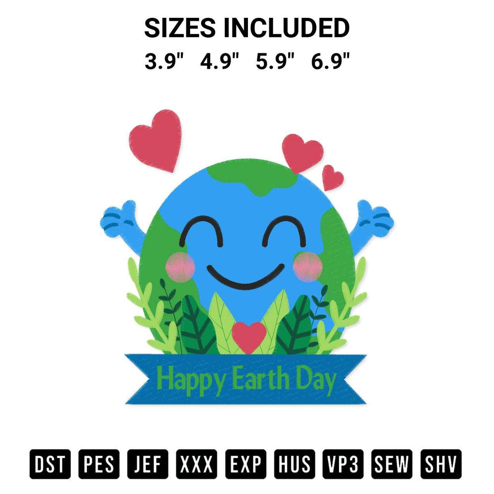 Download the Happy Earth Day Embroidery Design machine embroidery design exclusively at Designspacks.com. Premium digitized pattern for apparel and DIY crafts. Available sizes: 3.9", 4.9", 5.9", 6.9".