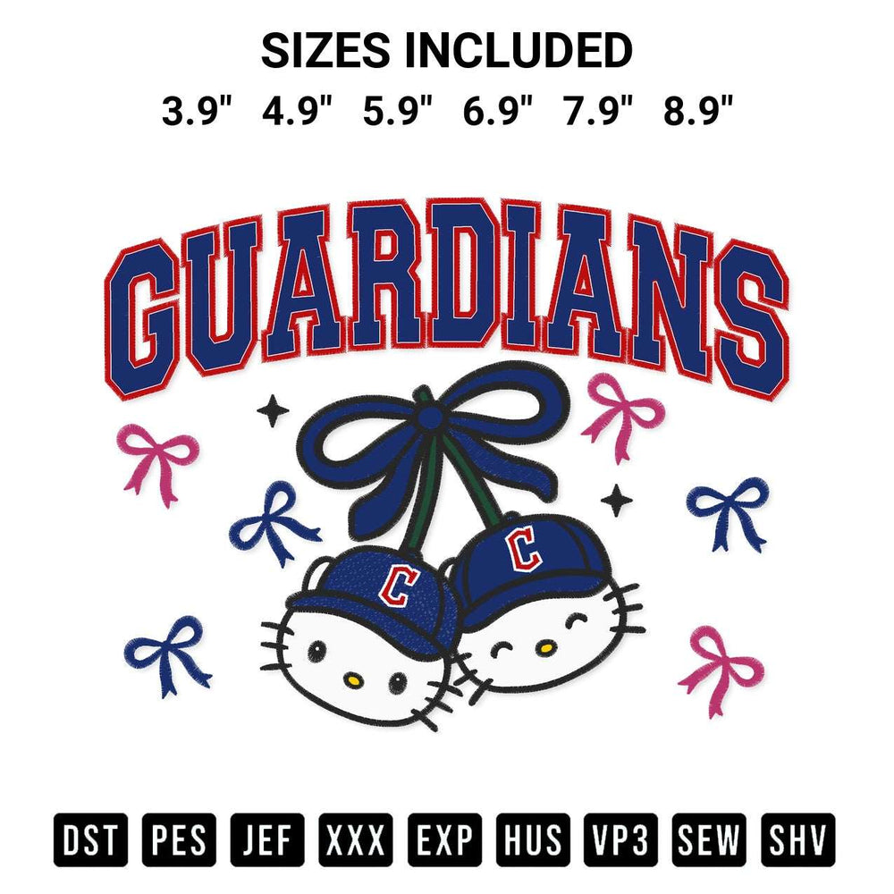 Shop the Cleveland Guardians Hello Kitty Cherries Embroidery Design machine embroidery pattern at Designspacks.com. Beautifully digitized for flawless stitching on any fabric. Available sizes: 3.9", 4.9", 5.9", 6.9", 7.9", 8.9".
