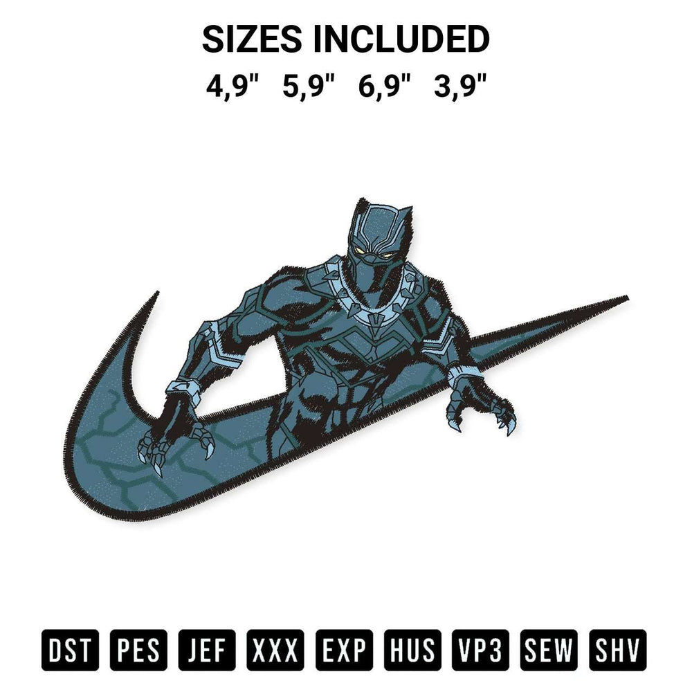 Create amazing crafts with the Black Panther Movies Nike Logo Embroidery Design embroidery file. High-quality digital download from Designspacks.com, perfect for beginners and pros. Available sizes: 4,9", 5,9", 6,9", 3,9".