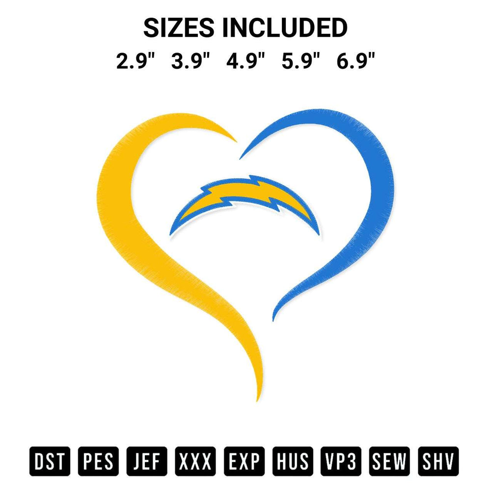 Elevate your next project with our Los Angeles Chargers Heart Football Embroidery Design embroidery file. Shop high-quality digital patterns instantly at Designspacks.com. Available sizes: 2.9", 3.9", 4.9", 5.9", 6.9".