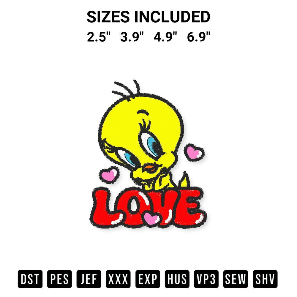 Transform your fabrics with the Love Tweety Bird Valentine Embroidery Design embroidery design. Instant access to premium digitized patterns at Designspacks.com. Available sizes: 2.5", 3.9", 4.9", 6.9".
