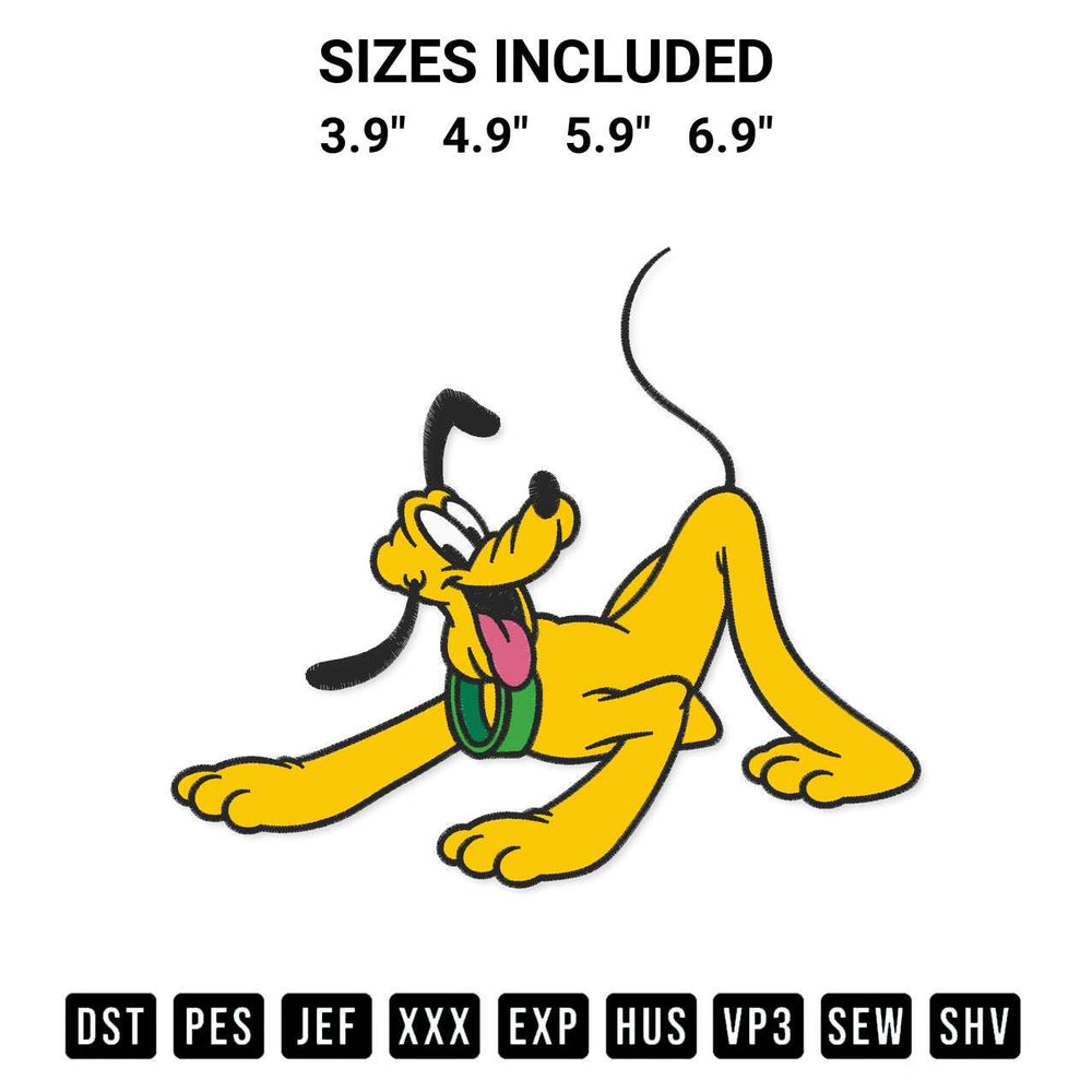 Discover the perfect addition to your crafting collection: Pluto Dog Embroidery Design embroidery file. Instantly available at Designspacks.com. Available sizes: 3.9", 4.9", 5.9", 6.9".