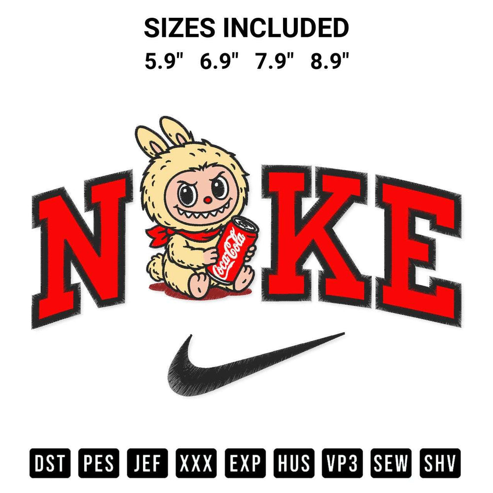 Looking for the perfect pattern? Download the Labubu Coca Cola X Nike Embroidery Design embroidery design today at Designspacks.com. Crisp, clean stitching guaranteed. Available sizes: 5.9", 6.9", 7.9", 8.9".