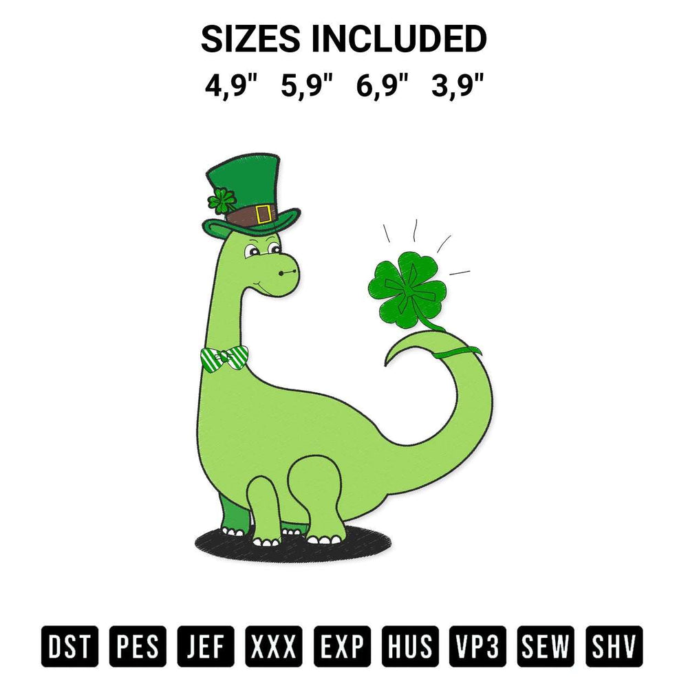 Shop the Kids Dinosaur Shamrock Logo Embroidery Design machine embroidery pattern at Designspacks.com. Beautifully digitized for flawless stitching on any fabric. Available sizes: 4,9", 5,9", 6,9", 3,9".