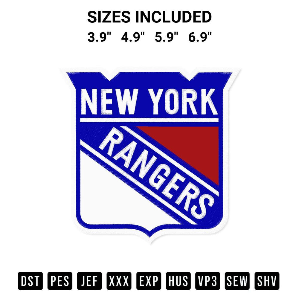 Shop the New York Rangers Logo Embroidery Design machine embroidery pattern at Designspacks.com. Beautifully digitized for flawless stitching on any fabric. Available sizes: 3.9", 4.9", 5.9", 6.9".