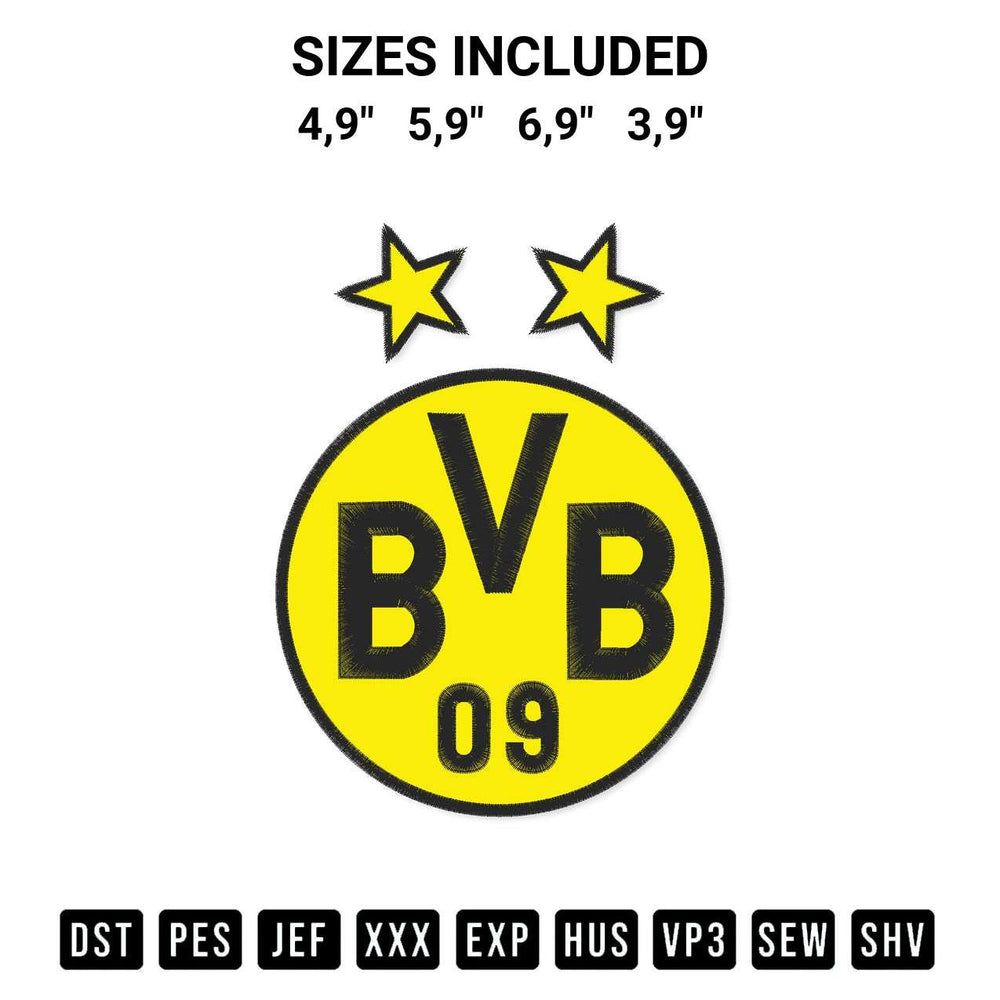Get the Borussia Dortmund Logo Embroidery Design embroidery design for your custom crafts! Premium digitized files available for instant download at Designspacks.com. Available sizes: 4,9", 5,9", 6,9", 3,9".