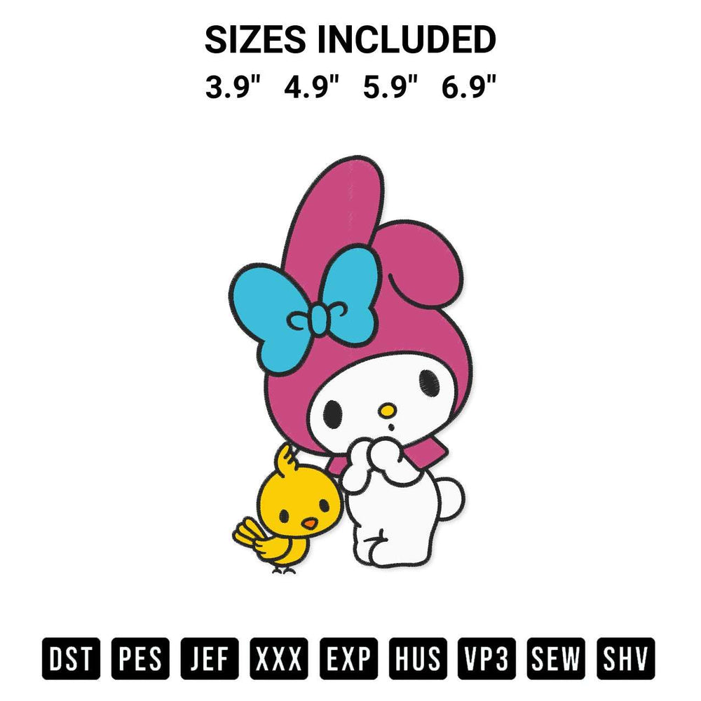 Transform your fabrics with the My Melody With Yellow Bird Embroidery Design embroidery design. Instant access to premium digitized patterns at Designspacks.com. Available sizes: 3.9", 4.9", 5.9", 6.9".