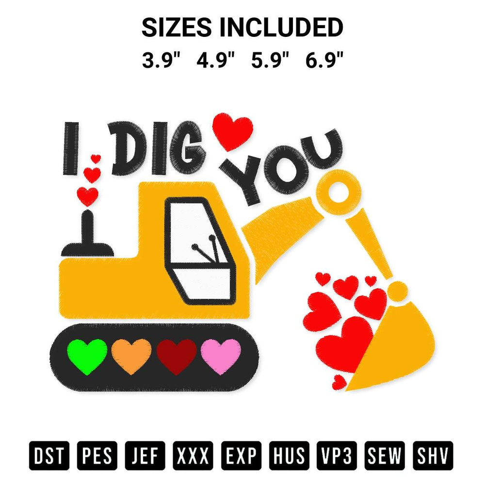 Download the I Dig You Embroidery Design machine embroidery design exclusively at Designspacks.com. Premium digitized pattern for apparel and DIY crafts. Available sizes: 3.9", 4.9", 5.9", 6.9".
