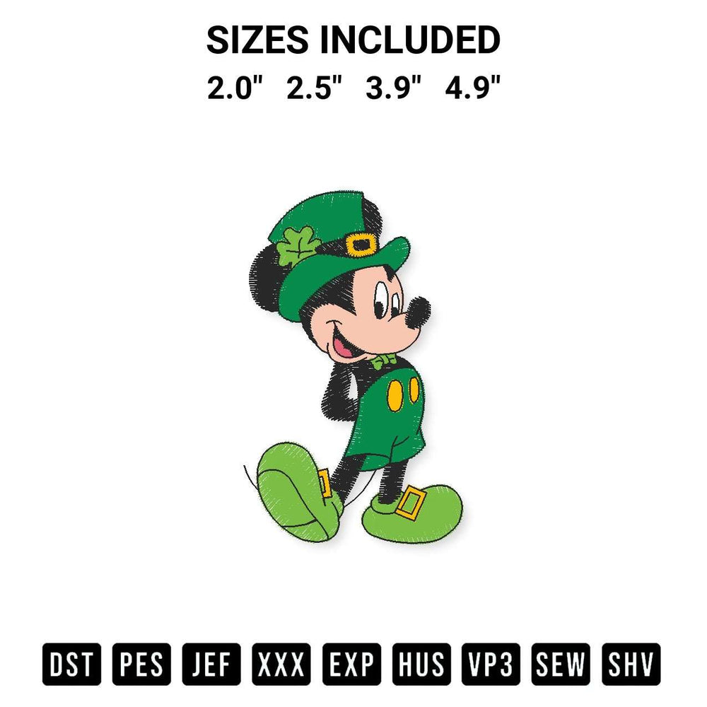 Stitch like a pro with the Leprechaun Mickey Mouse Embroidery Design embroidery pattern from Designspacks.com. High-quality digital machine embroidery file. Available sizes: 2.0", 2.5", 3.9", 4.9".