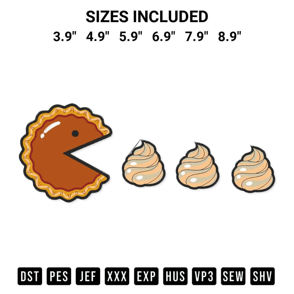 Stitch like a pro with the Thanksgiving Pumpkin Pie Pac Man Embroidery Design embroidery pattern from Designspacks.com. High-quality digital machine embroidery file. Available sizes: 3.9", 4.9", 5.9", 6.9", 7.9", 8.9".