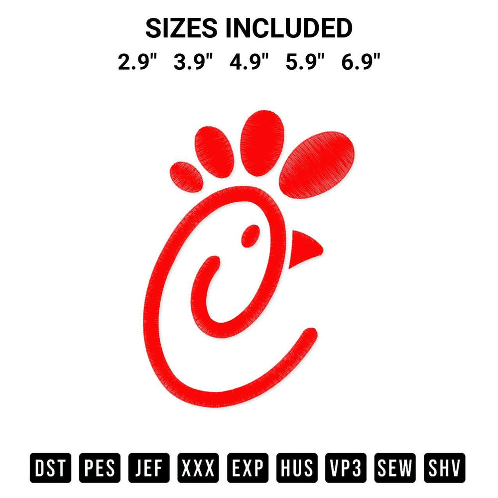 Add a unique touch to your apparel with the Chick Fil A Chicken Embroidery Design embroidery file. Premium instant download available now on Designspacks.com. Available sizes: 2.9", 3.9", 4.9", 5.9", 6.9".
