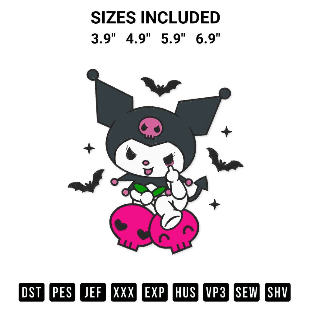 Elevate your next project with our Kuromi Halloween Funny Embroidery Design embroidery file. Shop high-quality digital patterns instantly at Designspacks.com. Available sizes: 3.9", 4.9", 5.9", 6.9".
