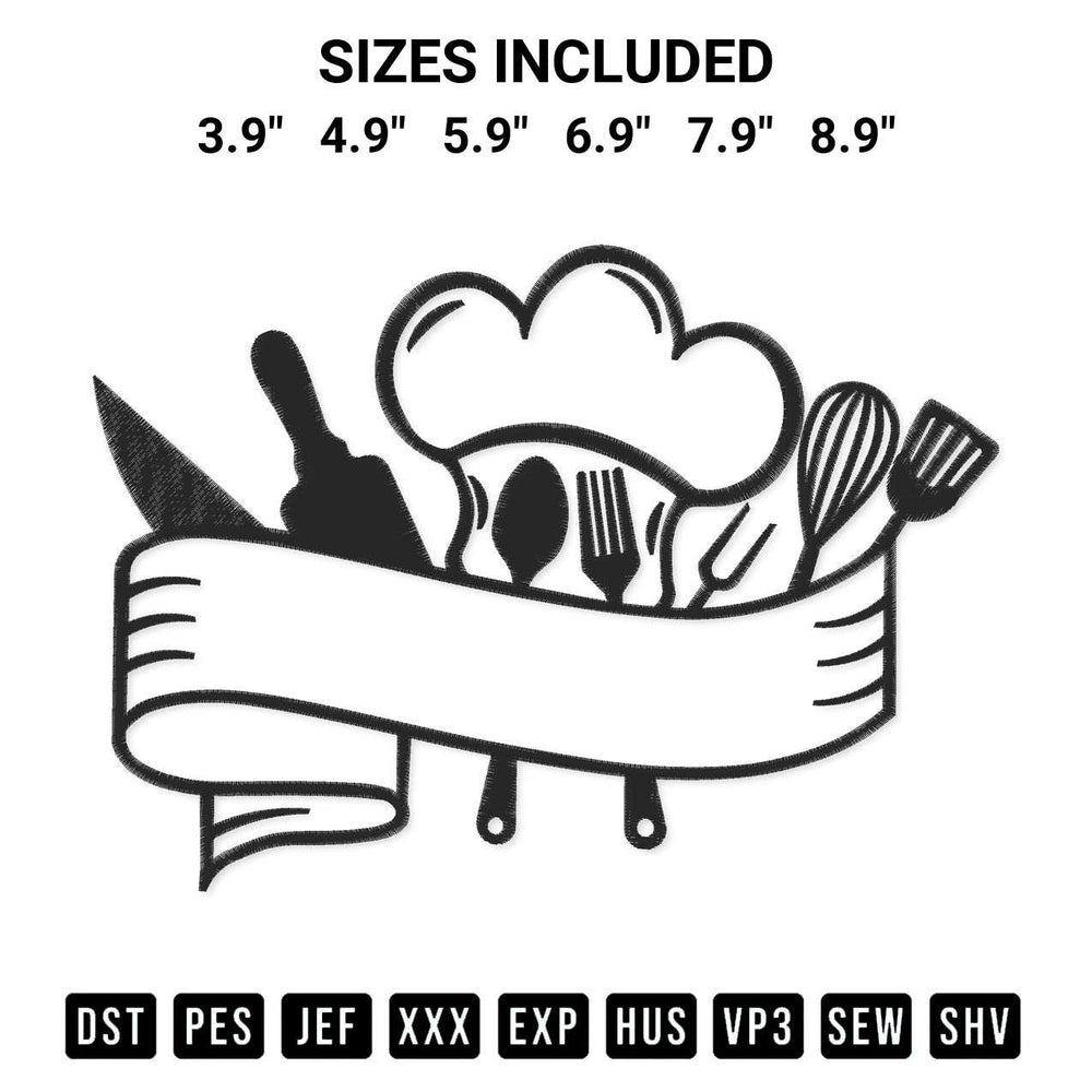 Get the Ribbon Frame Chef Utensils Embroidery Design embroidery design for your custom crafts! Premium digitized files available for instant download at Designspacks.com. Available sizes: 3.9", 4.9", 5.9", 6.9", 7.9", 8.9".