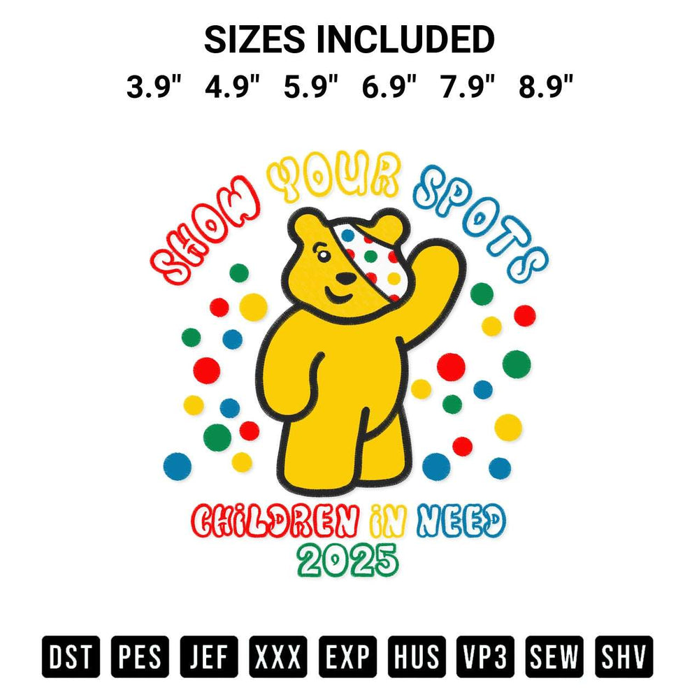 Shop the Pudsey Bear 2025 Embroidery Design machine embroidery pattern at Designspacks.com. Beautifully digitized for flawless stitching on any fabric. Available sizes: 3.9", 4.9", 5.9", 6.9", 7.9", 8.9".
