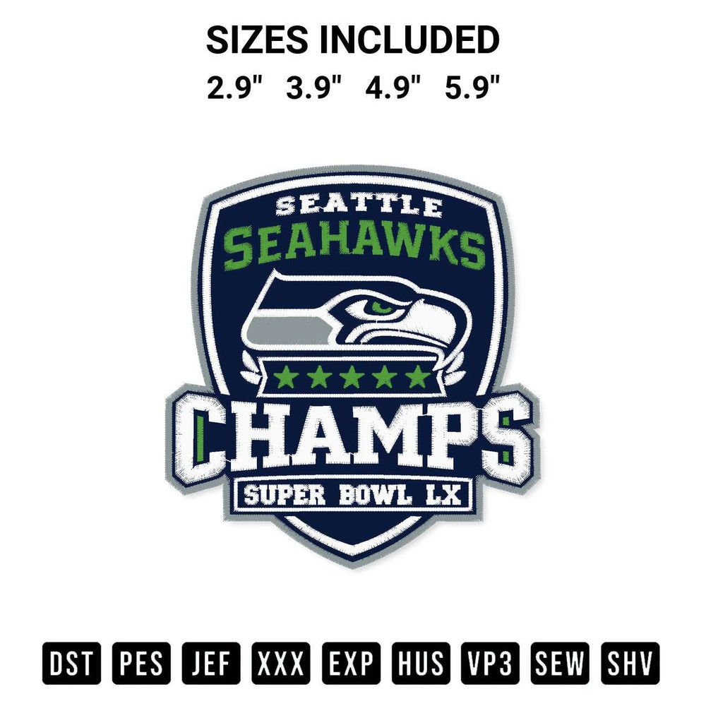 Get the Seattle Seahawks Champions Super Bowl Lx Embroidery Design embroidery design for your custom crafts! Premium digitized files available for instant download at Designspacks.com. Available sizes: 2.9", 3.9", 4.9", 5.9".