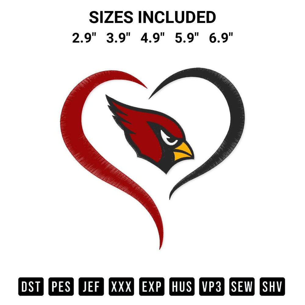 Shop the Arizona Cardinals Heart Embroidery Design machine embroidery pattern at Designspacks.com. Beautifully digitized for flawless stitching on any fabric. Available sizes: 2.9", 3.9", 4.9", 5.9", 6.9".