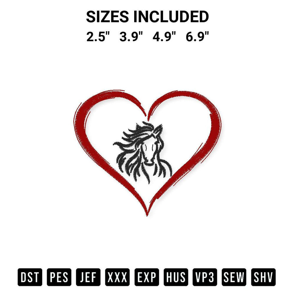 Elevate your next project with our Horse Head Heart Embroidery Design embroidery file. Shop high-quality digital patterns instantly at Designspacks.com. Available sizes: 2.5", 3.9", 4.9", 6.9".