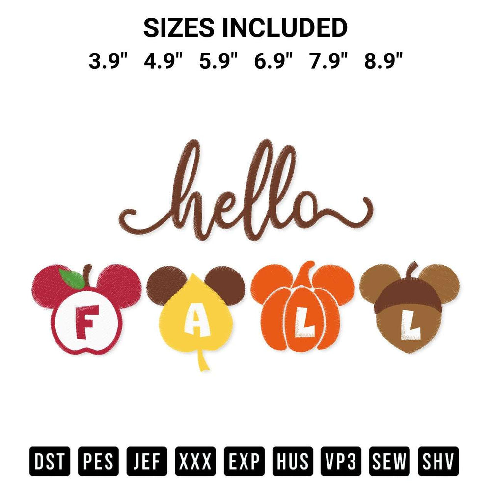 Shop the Mickey Head Hello Fall Embroidery Design machine embroidery pattern at Designspacks.com. Beautifully digitized for flawless stitching on any fabric. Available sizes: 3.9", 4.9", 5.9", 6.9", 7.9", 8.9".