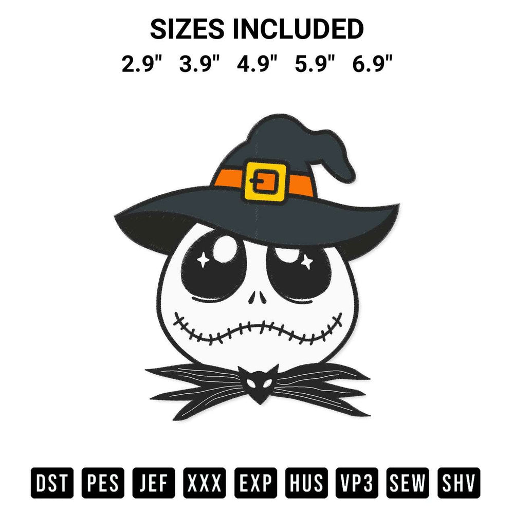 Stitch like a pro with the Face Jack Skellington Witch Embroidery Design embroidery pattern from Designspacks.com. High-quality digital machine embroidery file. Available sizes: 2.9", 3.9", 4.9", 5.9", 6.9".