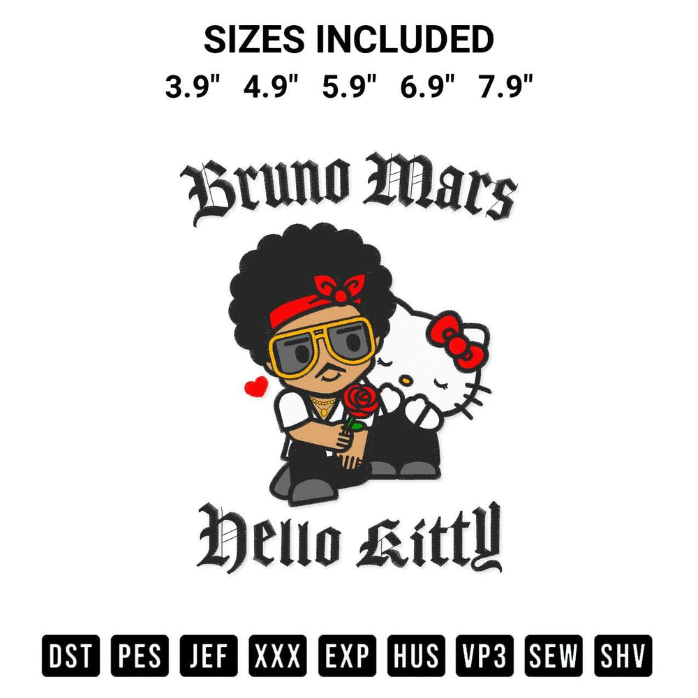 Elevate your next project with our Bruno Mars Hello Kitty Embroidery Design embroidery file. Shop high-quality digital patterns instantly at Designspacks.com. Available sizes: 3.9", 4.9", 5.9", 6.9", 7.9".