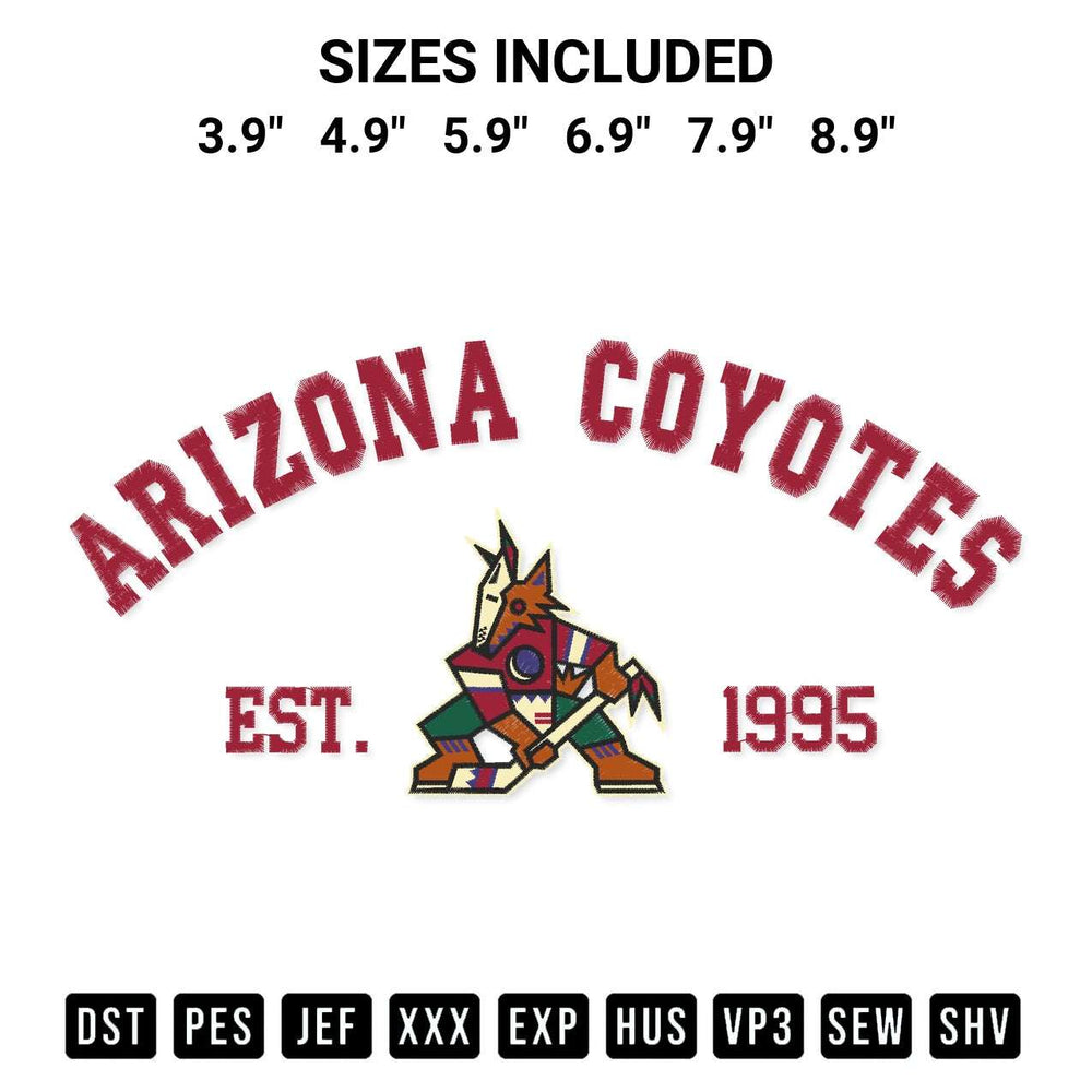 Add a unique touch to your apparel with the Arizona Coyotes Est 1995 Embroidery Design embroidery file. Premium instant download available now on Designspacks.com. Available sizes: 3.9", 4.9", 5.9", 6.9", 7.9", 8.9".