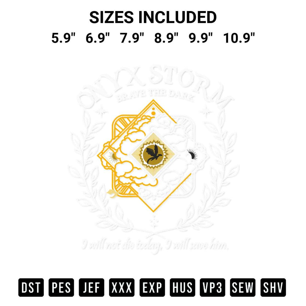 Get the Onyx Storm Embroidery Design embroidery design for your custom crafts! Premium digitized files available for instant download at Designspacks.com. Available sizes: 5.9", 6.9", 7.9", 8.9", 9.9", 10.9".