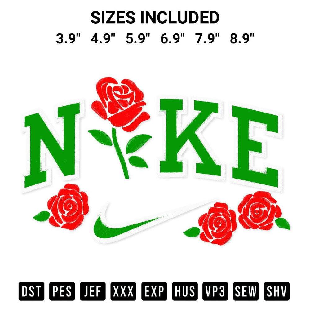 Create amazing crafts with the Red Roses X Nike Embroidery Design embroidery file. High-quality digital download from Designspacks.com, perfect for beginners and pros. Available sizes: 3.9", 4.9", 5.9", 6.9", 7.9", 8.9".